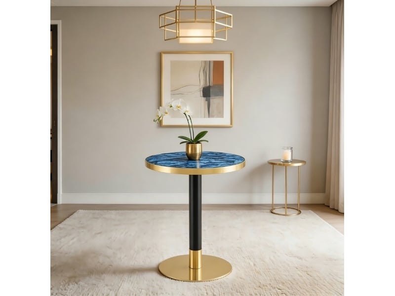  Table d’appoint ronde, table basse moderne table salon plateau marbre bord doré, design moderne, métal, coloris bleu  - Conforama B