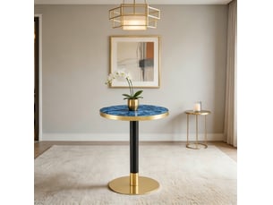 Table d’appoint ronde, table basse moderne table salon plateau marbre bord doré, design moderne, métal, coloris bleu