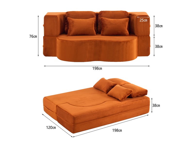 Canapé de sol convertible 2 places en tissu peluche orange avec 4 coussins - Conforama C