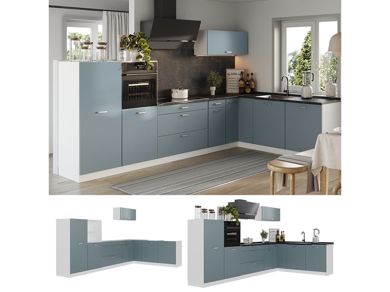  Vicco cuisine en angle, bleu-grisblanc, 347 x cm sans plan de travail  - Conforama D