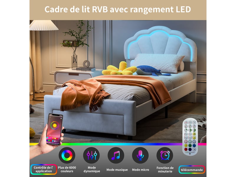  Feeohome lit capitonné 90 x 200 cm, lit double rembourré avec tête de lit et sommier à lattes, lits enfant avec lampes led, lits tiroir pour enfants avec rangement pour adolescents et filles  - Conforama B