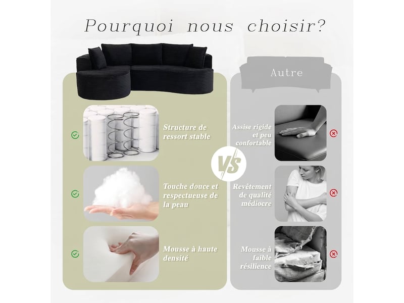  Canapé incurvé design moderne en velours côtelé doux et respirant 250 x 152 x 82 cm avec rangements  - Conforama R