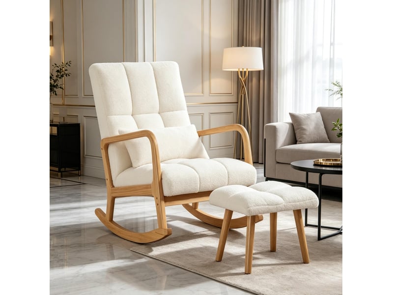  Rocking-chair avec repose-pied, coussin amovible et patins réglables, en bois et tissu bouclette blanc  - Conforama E