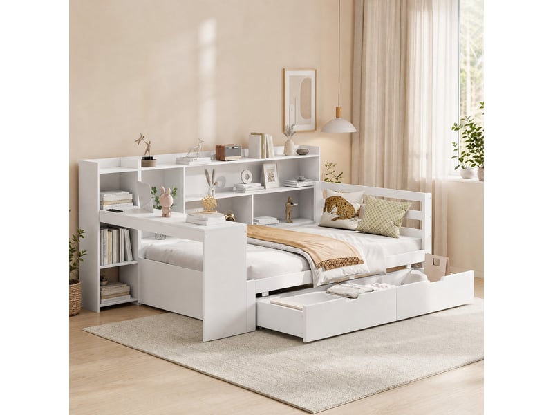 Lit combiné 90x200 cm avec bureau, rangements et prise usb blanc - Conforama C