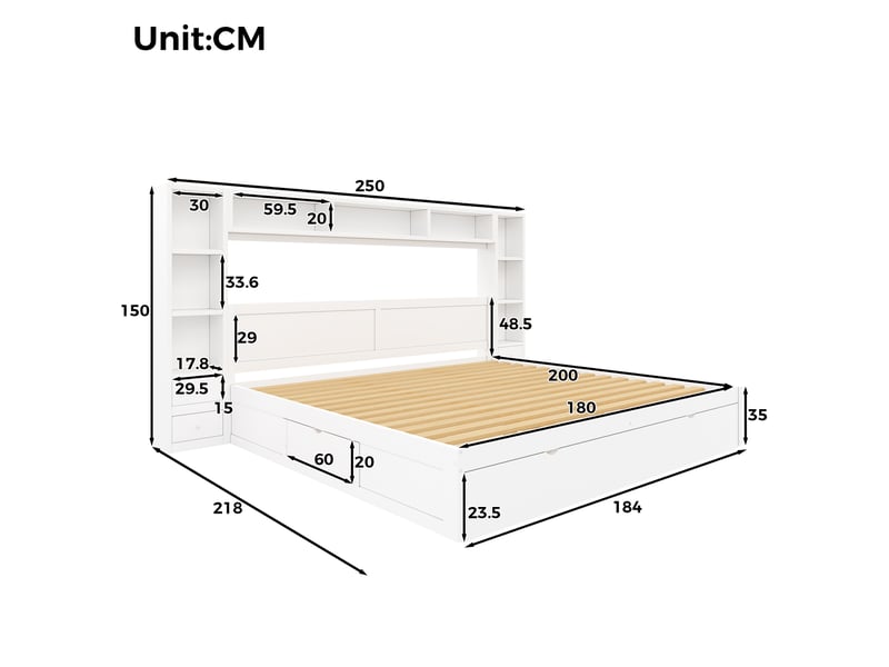  Lit plateforme 180 x 200 cm avec tête et pied de lit, 7 tiroirs, multiples rangements et éclairage led, blanc ABC - Conforama C