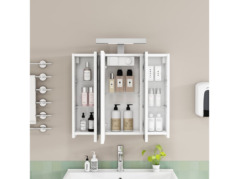 Meuble miroir salle de bain mural 60cm blanc led, prise fr, 3 portes, préassemblé - Conforama B