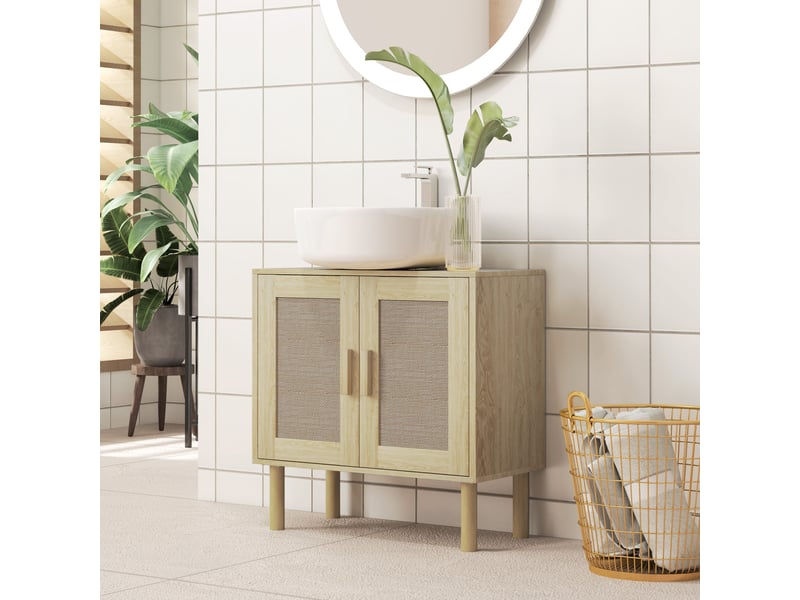  Meuble salle de bain sous lavabo meuble sous lavabo portes en rotin pieds bois de pin 2 niveaux 60 x 30 x 60 cm chêne  - Conforama C