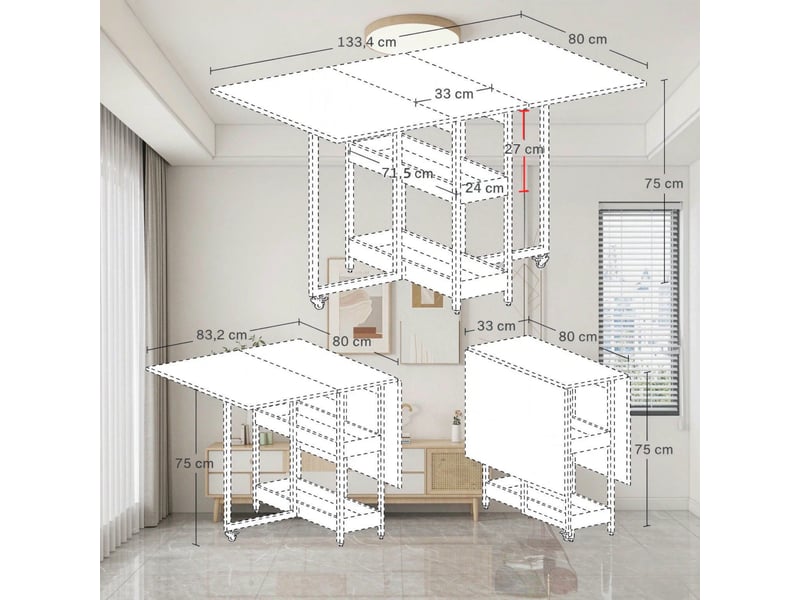 Table à manger pliable à roulettes pour 4 personnes avec rangements ouverts - Conforama C