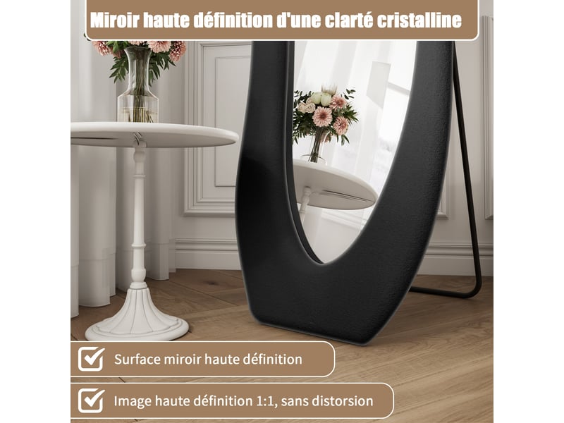  Miroir plein pied 160x50 cm forme ondulée, cadre rembourré en flanelle noire, miroir au sol décoratif pour chambre et salon  - Conforama W