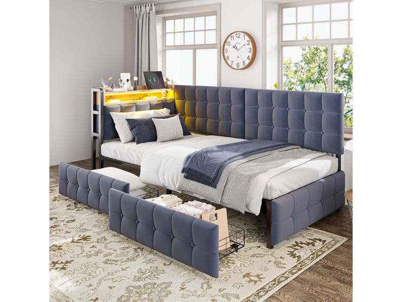 Lit banquette tcqpz 90 x 200 cm avec 2 tiroirs, led, usb et type-c, gris  - Conforama E