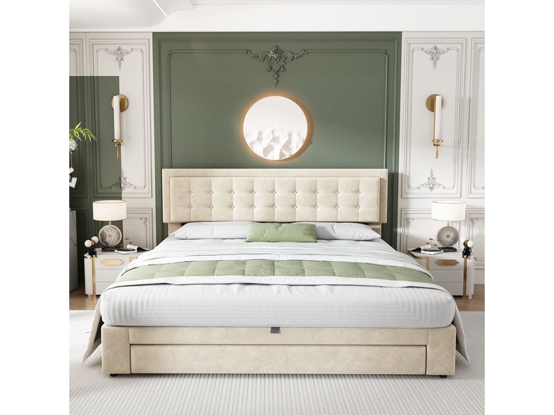 Lit coffre 180x200 cm en velours, rangement hydraulique avec tiroirs, tête de lit réglable, grand rangement, beige - Conforama B