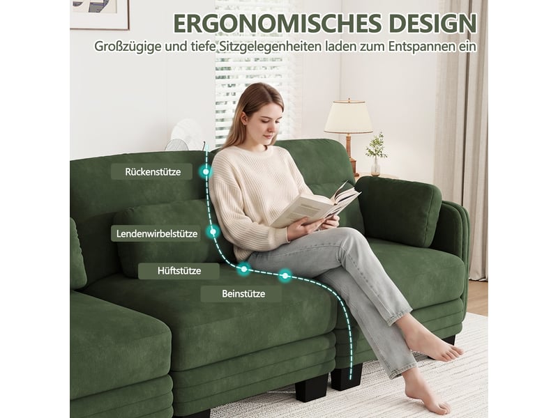 Canapé droit 2 places 176 x 88 x 88 cm avec coussins lombaires, coussins d’accoudoir et modules combinables, tissu chenille, vert Morn Vibe - Conforama D
