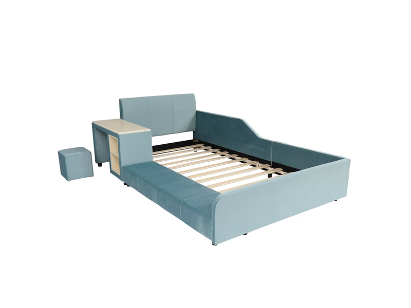  Lit capitonné enfant avec bureau, tabouret et étagère de rangement, tête douce, 90x200cm, bleu, velours  - Conforama A