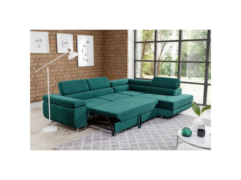  Canapé d'angle convertible menton vert canard velours – angle droit avec coffre  - Conforama D