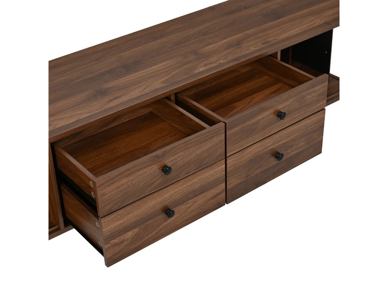  Meuble tv avec 4 tiroirs et 2 portes coulissantes, coins arrondis, pour salon, en mdf, 165×40×46 cm, noyer  - Conforama E