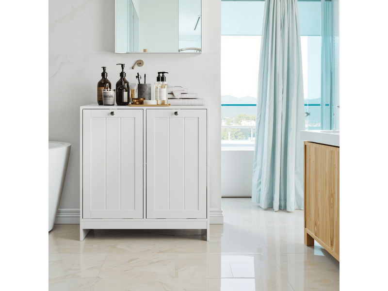  Meuble avec panier à linge 66x33x68 cm, armoire de stockage compacte avec compartiments séparés et poignées intégrées  - Conforama R