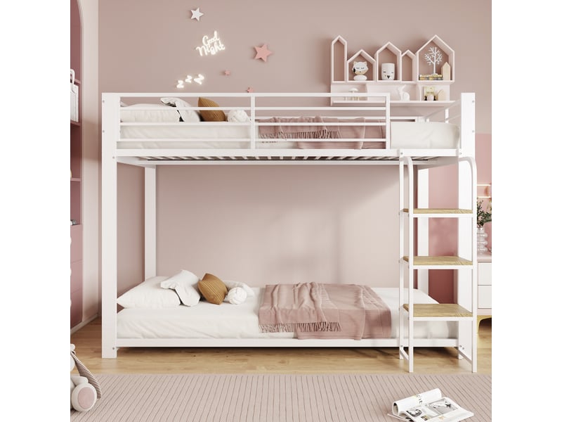 Lit superposé 90x200cm - lit simple enfant en métal avec échelle à marches en bois - barrière de sécurité haut - blanc - Conforama D