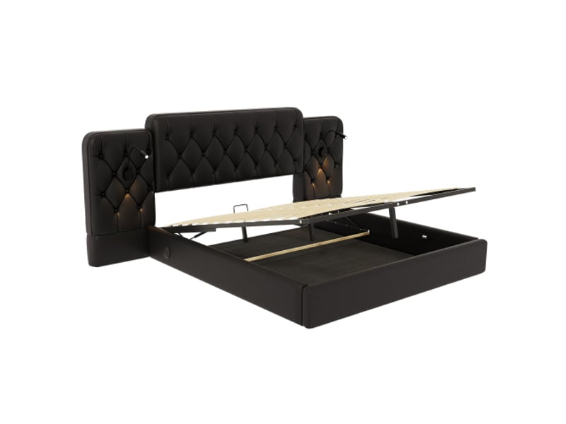  Lit-plateforme noir 160x200 cm, tête longue en velours, ports usb, lampe de bureau, système hydraulique, grand rangement  - Conforama E