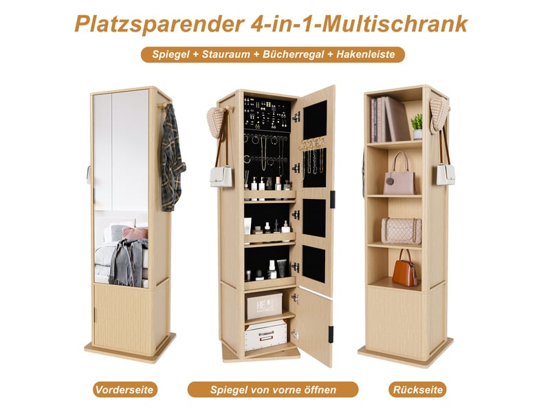  Psyché pivotante 360 degrés 50 x 50 x 170 cm bois clair mdf et verre, rangements bijoux et étagères  - Conforama E