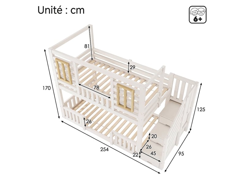  Lit superposé 90x200 cabane enfant en bois avec escalier et rangement - 2 couchages blanc  - Conforama C