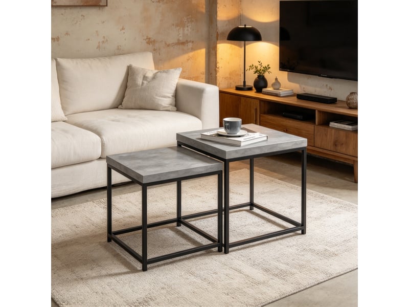  Lot de 2 tables basses gigognes 45x45 cm, tables d'appoint carrées avec plateau effet bois et structure métal noir, tables salon modernes - gris  - Conforama B