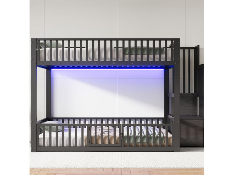 Lit superposé enfant 140x200 cm noir avec escalier de rangement et led - Conforama E