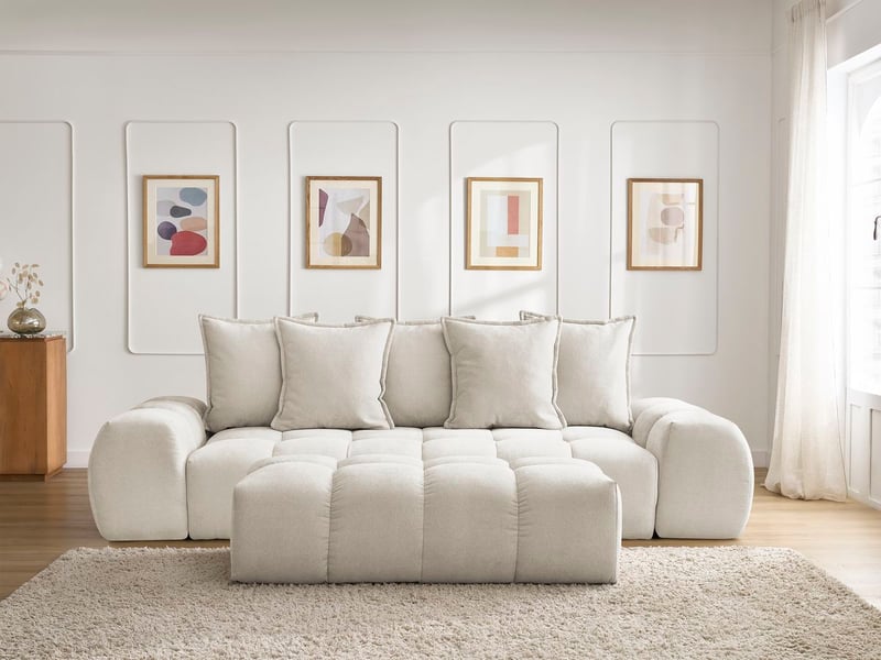 Bobochic canapé droit fixe 3 places everest tissu texturé avec pouf beige EVEREST - Conforama D