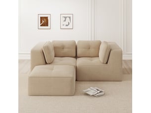 Canapé d'angle modulable 2 places avec repose-pieds mobile en velours côtelé beige