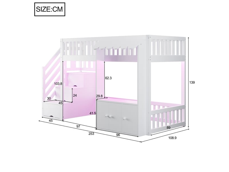  Lit mezzanine enfant 90x200 cm – blanc – escalier à 3 compartiments, led multicolore - sans matelas  - Conforama C