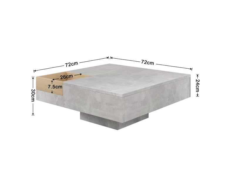 Table basse 72x72x30 cm avec boîte de rangement amovible, plateau carré et base centrale, panneaux, gris béton et bois ABC - Conforama C