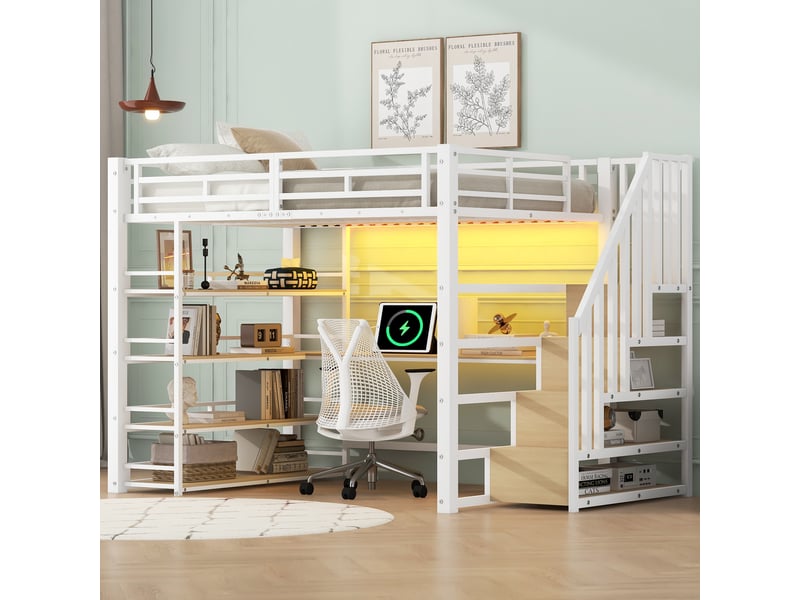 Lit mezzanine 140 × 200 cm 2 places avec bureau, led, usb et étagères, sans matelas, en métal et mdf, blanc - Conforama B