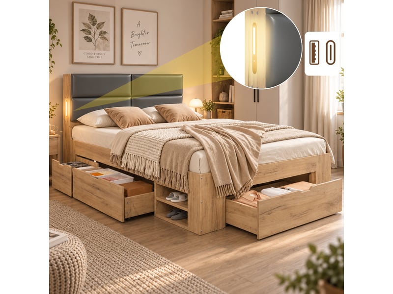  Lit enfant 140x200cm avec port usb, tiroirs, grand rangement, tête de lit rembourrée pu, cadre en bois, naturel  - Conforama B