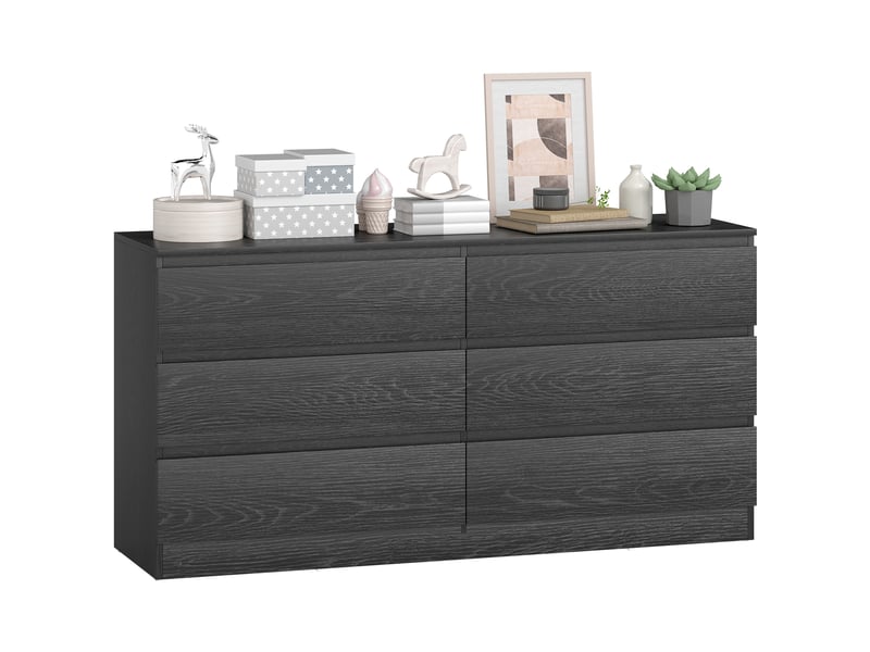  Commode à 6 tiroirs pour chambre, style moderne, pour salon ou bureau, 140 x 40 x 71 cm, aspect bois noir.  - Conforama A