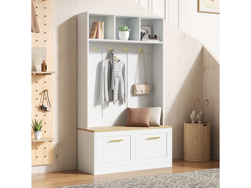  Vestiaire d’entrée, 105 x 40 x 180 cm, avec rangement, avec 4 crochets, avec 2 portes, coloris naturel et blanc, pour maison et appartement  - Conforama R