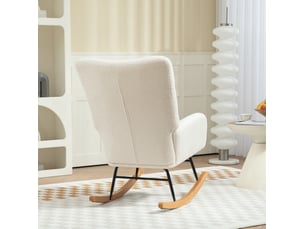 Fauteuil à bascule crème avec accoudoirs et pieds en bois, confort teddy, idéal pour salon ou chambre
