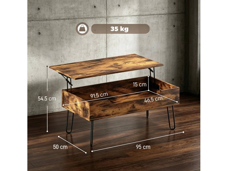  Table basse rectangulaire relevable avec rangement caché, marron rustique et noir  - Conforama C