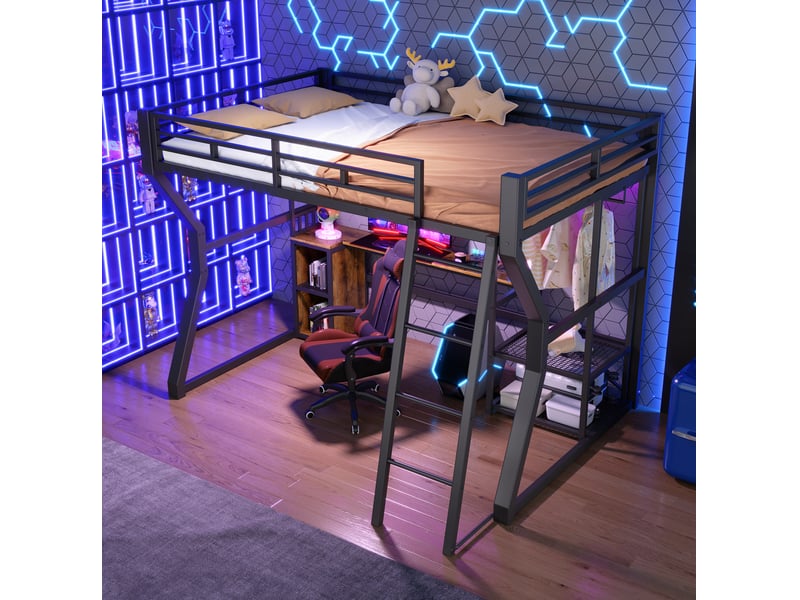  Lit mezzanine 140 x 200 cm en métal et mdf avec bureau, éclairage, prise, noir  - Conforama B