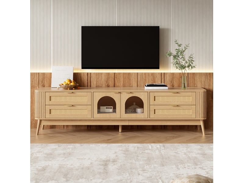  Meuble tv avec 4 tiroirs, 2 portes en verre et led contrôlée par application, pour salon, naturel, 180 × 40 × 50 cm  - Conforama C