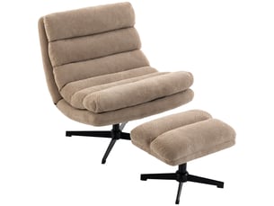 Fauteuil de salon et repose-pieds style rétro matelassé tissu toucher lin marron