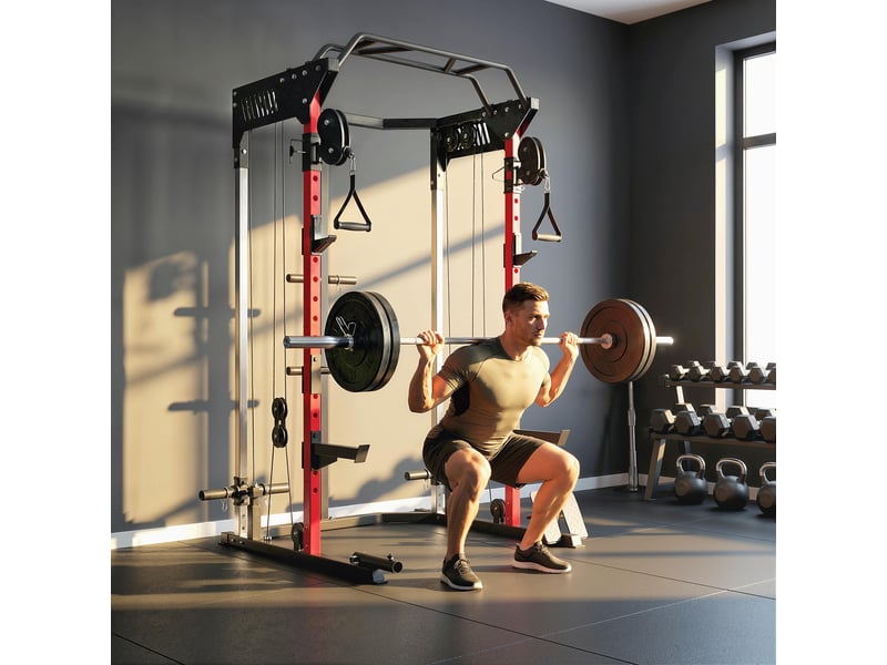 Station de musculation power rack 900kg double poulie réglable 19 niveaux home gym complet pour entraînement force noir  - Conforama C