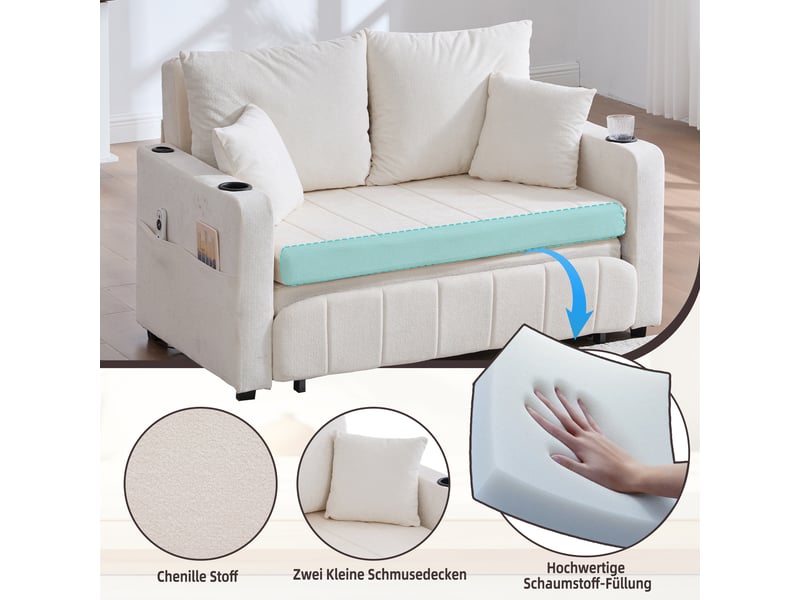  Canapé convertible 3 places en tissu chenille beige, canapé-lit multifonction avec rangement et usb pour salon moderne  - Conforama E