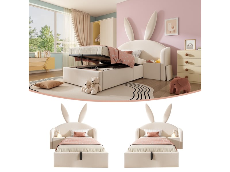  Lit enfant 90x190 cm avec tête de lit oreilles de lapin coffre hydraulique et table de chevet en velours beige sans matelas  - Conforama E