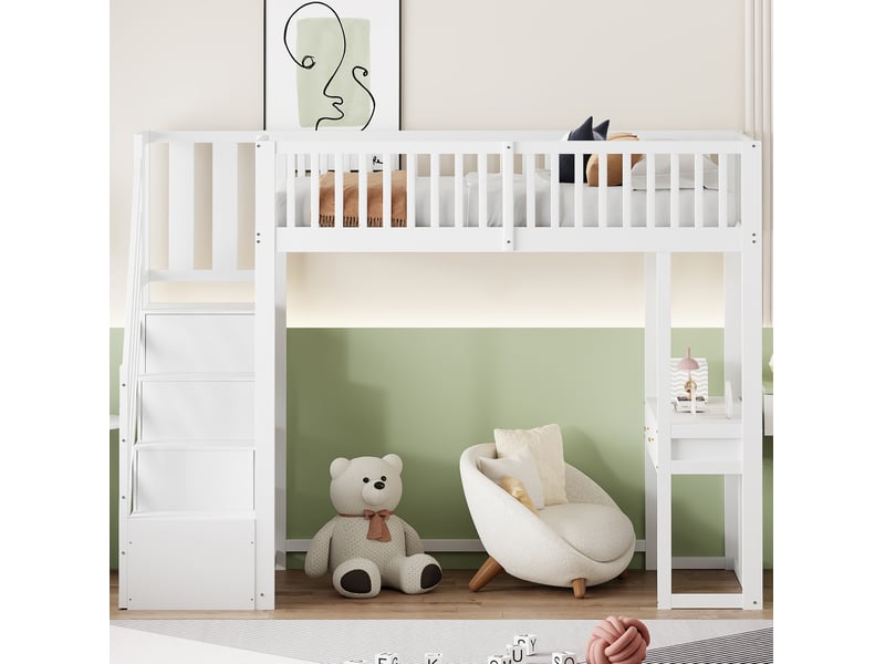 Lit mezzanine enfant 90 x 200 cm avec bureau, escalier de rangement, blanc - Conforama E