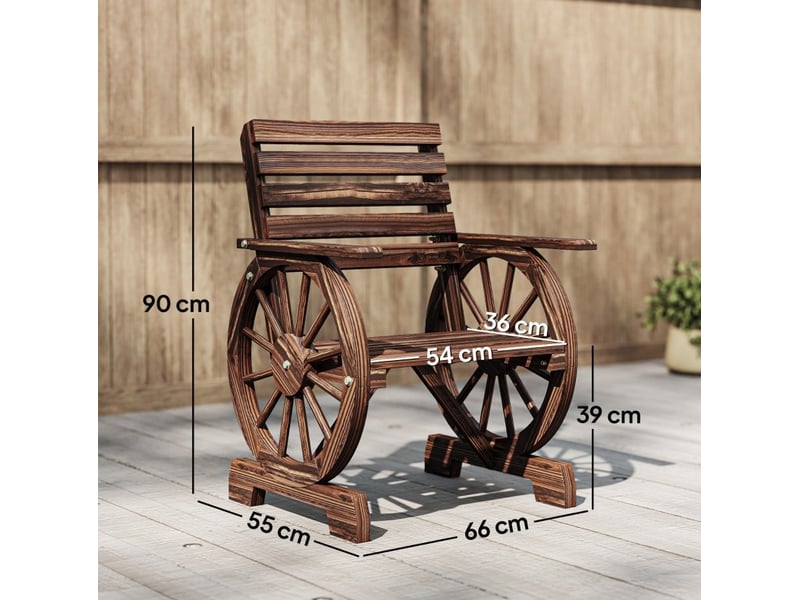 Fauteuil de jardin en bois 66x55x90 cm – bois foncé – design roue de chariot, accoudoirs larges et dossier incliné - Conforama C