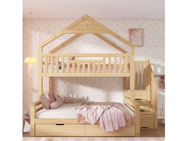  Lit superposé enfant 90 × 200 cm et 140 × 200 cm, 3 places, escalier, 2 tiroirs, sans matelas, chêne  - Conforama B