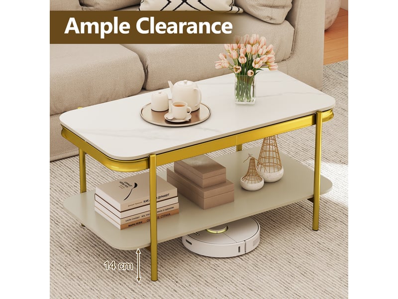  Entretien facile, table basse rectangulaire 2 niveaux avec plateau en pierre frittée et étagère en métal  - Conforama C