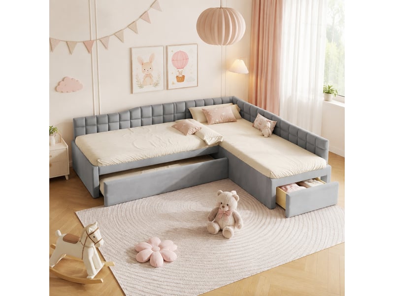  Lit rembourré en l 2x90x200 cm, lit gigogne 90x190 cm, tiroirs rangement, mdf, tissu flanelle, grise, sans matelas  - Conforama B