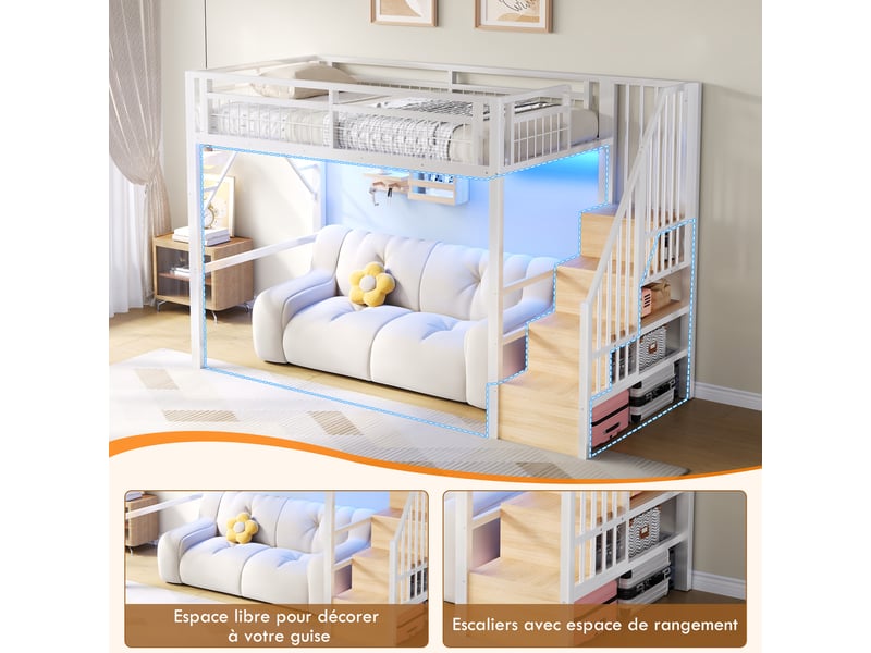 Lit mezzanine 90x200 cm en métal et mdf avec led via application, escalier avec rangements et espace libre sous le lit, blanc. - Conforama E