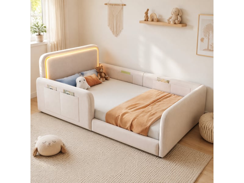  Lit simple rembourré 90x200 cm avec led et poches de rangement, velours beige  - Conforama C