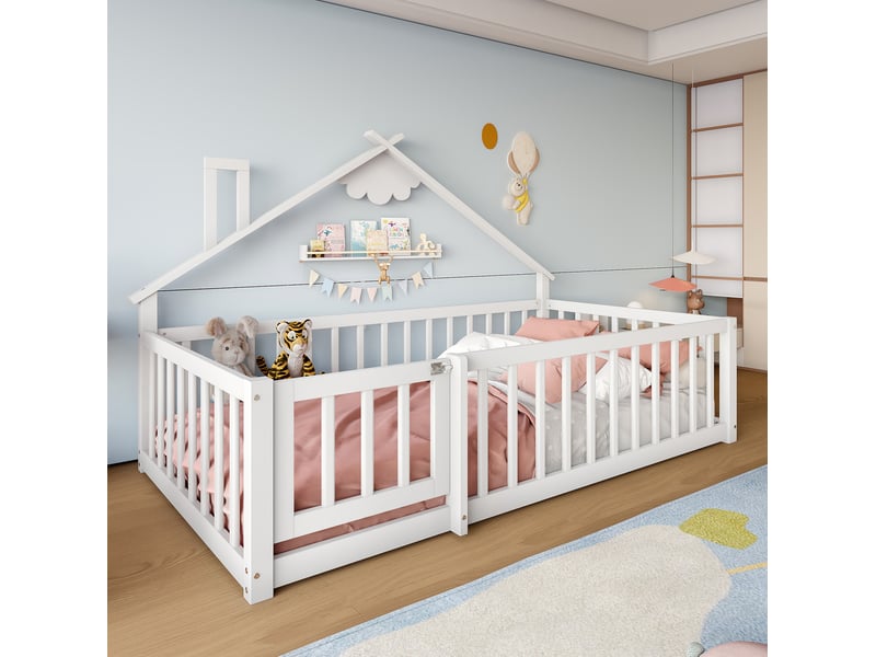  Lit cabane enfant tcqpz 90 x 190 cm avec barrière et verrou bois de pin mdf blanc  - Conforama E